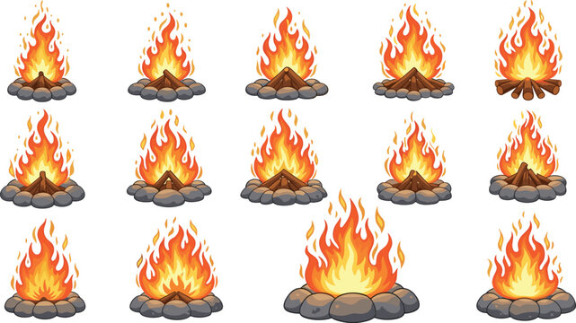 Campfire flames vector set with burning fire icons, bonfire elements and heat symbols in flat cartoon illustration style isolated on white background