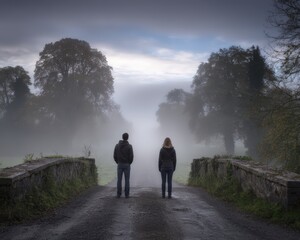 Couple stands on a bridge in a foggy landscape during early morning hours