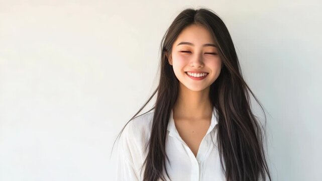Smiling young woman with long hair posing for a portrait in a professional setting. She's wearing a white blouse, looking approachable and content.