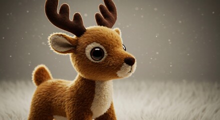 きらめく大きな瞳が愛らしいふわふわのトナカイのぬいぐるみが柔らかな光に包まれ白い幻想的な雪の世界で優しく微笑むような表情を見せる. AI Generated