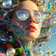 Iridescent Bubble Woman Portrait with Fruits and Sunglasses

