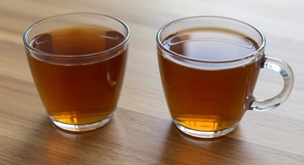 木製テーブルに置かれた二つの温かいお茶が透明なグラス越しに琥珀色に輝き柔らかな自然光がその液体表面を優しく照らし安らぎのひとときを描写する. AI Generated