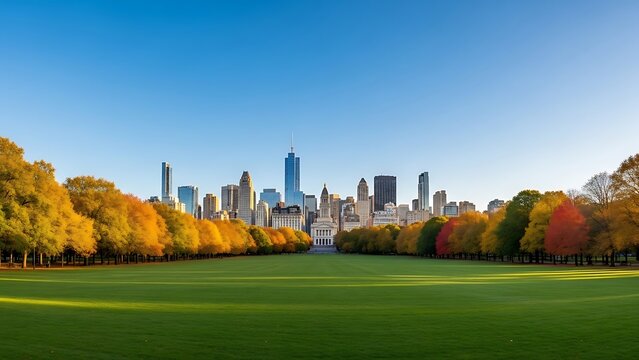 A serene cityscape with vibrant trees in the foreground and a zoom view of the urban background in nature