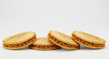 白い背景に黄金色に輝くサクサク食感のサンドクッキーが整然と並びます 甘く香ばしいフィリングが食欲をそそる美しい焼き菓子です. AI Generated