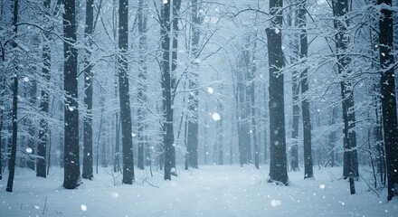 しんしんと降り積もる雪が森全体を神秘的な白銀の世界に変える冬の絶景。柔らかな自然光が舞い落ちる雪片と雪に覆われた木々を優しく照らし静寂で幻想的な空間を創り出す。. AI Generated