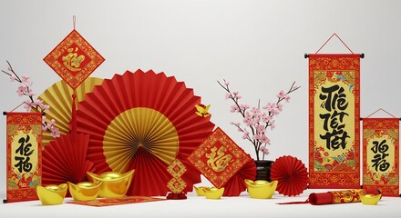 鮮やかな赤と輝く金で彩られたベトナム旧正月テトの伝統装飾品幸福と繁栄を願う華やかな祭りの準備. AI Generated