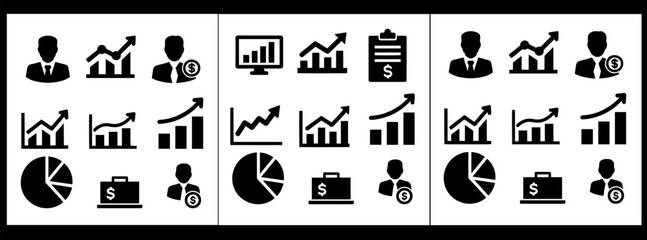 Collection of business and finance icons including graphs charts and statistics