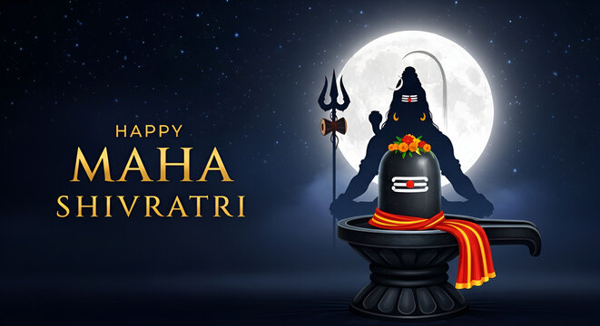 Maha Shivratri Festival Illustration with Lord Shiva, Trishul, and Shivling Vector Art for Hindu Religious Celebration