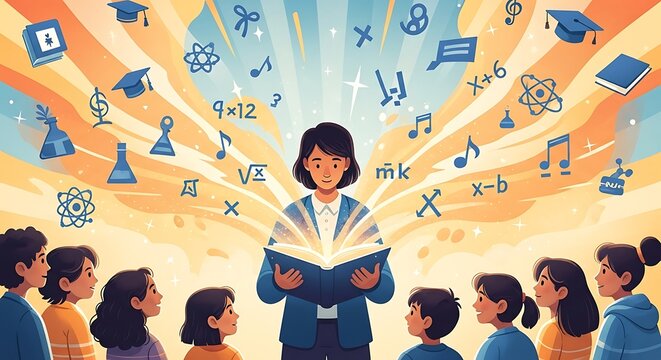 Inspiring female teacher illuminates diverse subjects like math science and music for eager young students gathered below her glowing book - Powered by Adobe