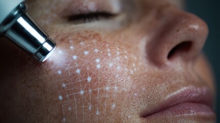 Macro view of fractional CO2 laser skin resurfacing pattern on female cheek.