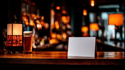 Blank white card stands prominently on a wooden bar surface next to a glass of beer and glowing lamp