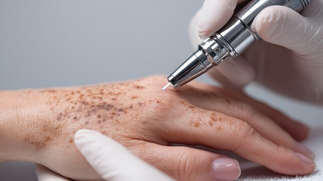 Extreme close-up of Q-switched laser therapy removing sun spot from patient hand