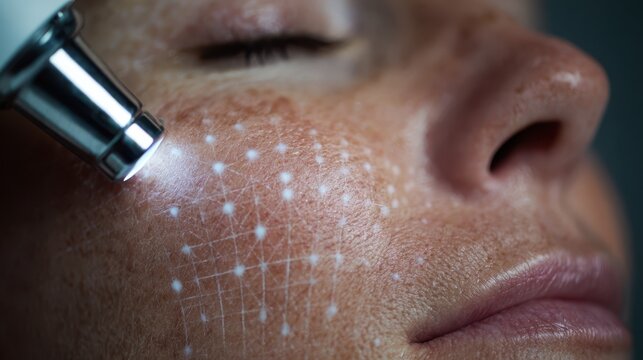 Macro view of fractional CO2 laser skin resurfacing pattern on female cheek