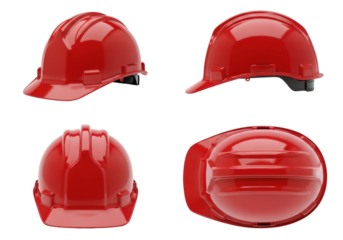 four distinct views of a pristine, high-gloss fire engine red safety helmet (hard hat) isolated on a transparent studio background, emphasizing industrial design precision. concept of workplace