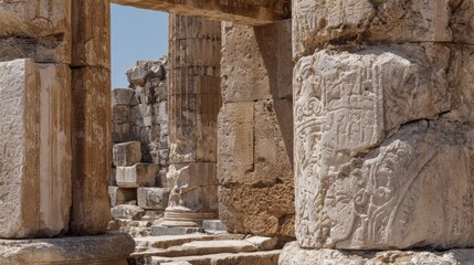 Fototapeta premium Weathered Stone Columns and Ruins Under Mediterranean Sun Highlight Ancient Cultures and History in a Timeless Setting Without Modern Distractions