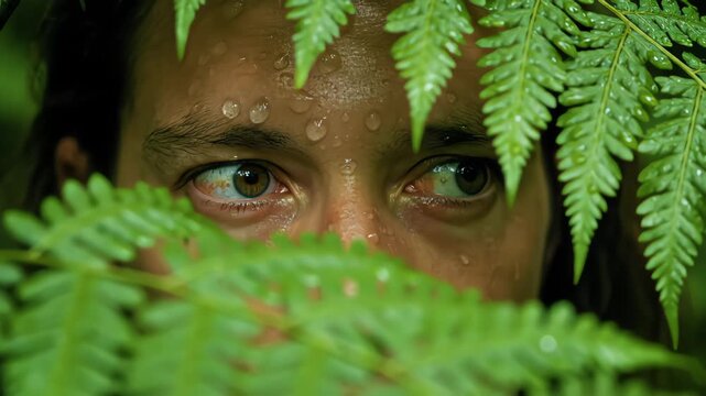An intense close-up of a person's frightened eyes, covered in water droplets, peering through lush green fern leaves