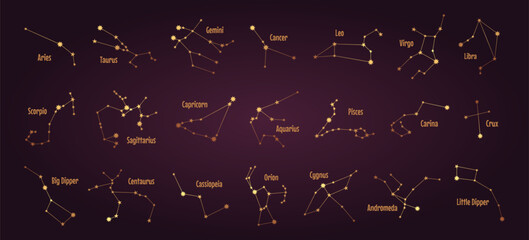 Set of zodiac constellation golden sign. Astrology vector illustration