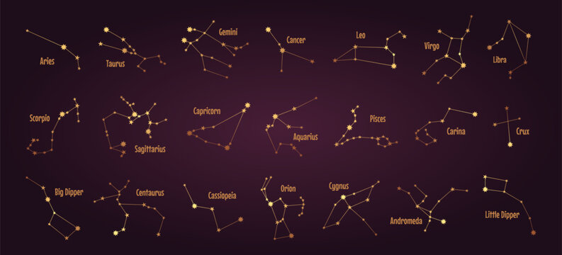 Set of zodiac constellation golden sign. Astrology vector illustration
