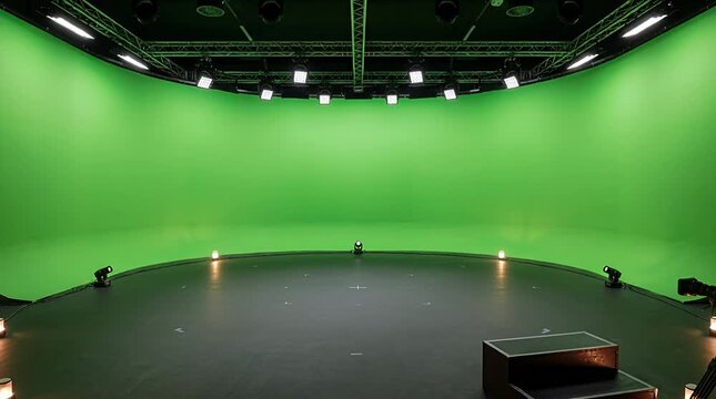 Empty green screen studio stage with lighting and cameras for filming green screen studio stage, recording.