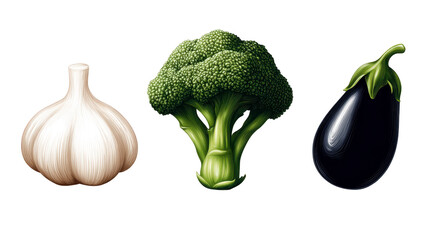 Garlic broccoli and eggplant fresh vegetables isolated on transparency background healthy organic food vegetarian ingredients natural produce cooking concept vibrant and detailed illustration