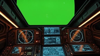 Interior of a futuristic spaceship cockpit with a green screen displaying a starry sky, digital screens, and control panels - Powered by Adobe