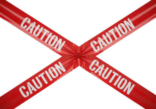 Two strips of glossy, reflective red pvc barrier tape with bold white 'caution' text crossing sharply on a transparent void, high-concept 3d rendering. Concept of industrial warning graphic design. - Powered by Adobe
