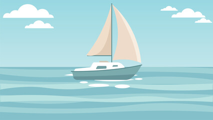 Fototapeta premium Clean flat sailboat illustration floating on calm blue ocean under soft clouds perfect for travel marine leisure summer posters websites and peaceful nature concepts design use ads