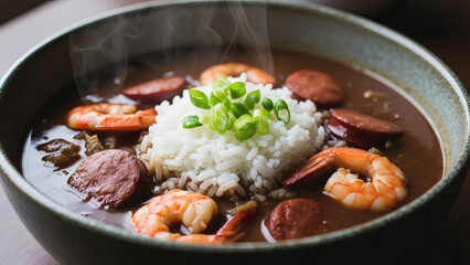 Cajun Gumbo With Andouille Sausage And Shrimp In Rustic Ceramic Bowl