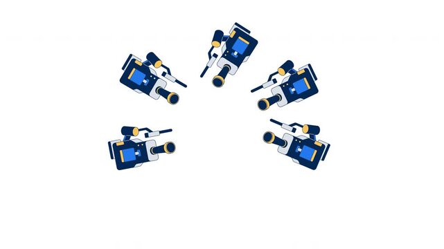Surveillance video cameras pointing inward 2D cartoon object animation. Intense observation. Videocameras arranged in circular formation animated flat colorful item 4K video isolated on white