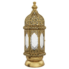 Ornate brass lantern with intricate design and glass panels