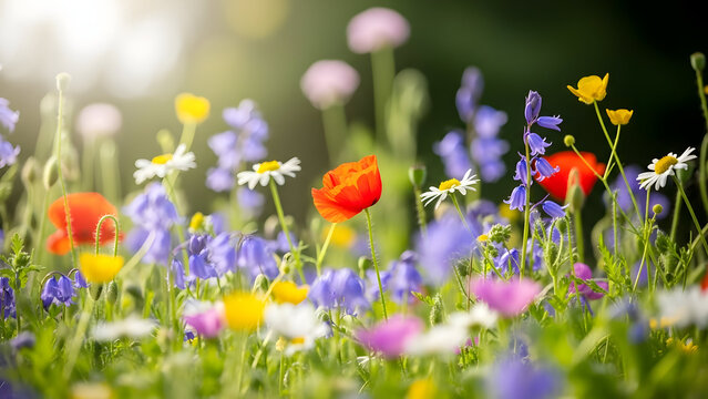 Sunlit meadow filled with wildflowers and red poppies - Powered by Adobe