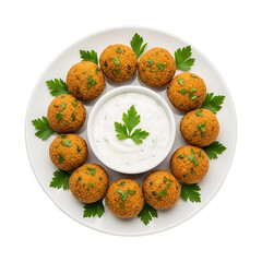 Delicious falafel balls with yogurt dip on white plate