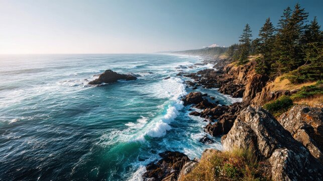 Coastal landscape with ocean waves crashing against rocky cliffs under a clear sky - Powered by Adobe