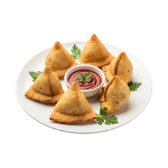 Delicious samosas served with spicy red sauce