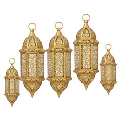 Golden lanterns in different sizes and shapes