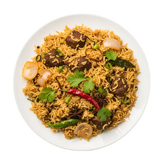 Delicious mutton biryani dish served on white plate