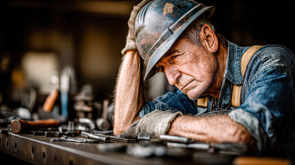 A weary worker rests his head on a table full of tools, reflecting the challenges of manual labor and dedication in his craft.