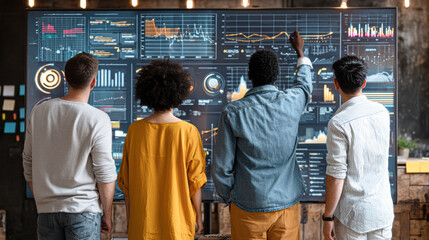 A diverse group of individuals analyzing data displayed on a large screen, focusing on graphs and statistics in a modern workspace.