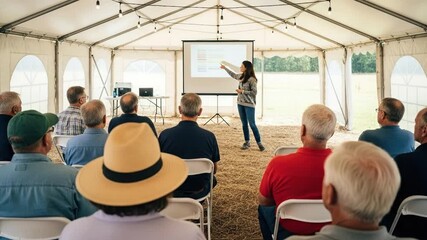 Presentation in a tent with an audience, focused on a screen and speaker