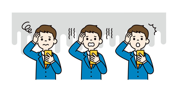 スマートフォンを見て困った表情をする若いビジネスマンのベクターイラスト素材セット＿カラー