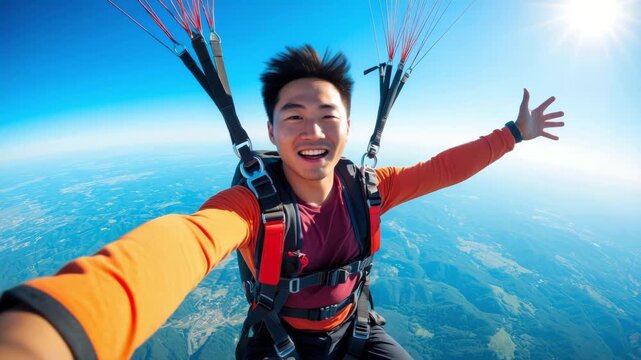 Joyful young Asian man paragliding with arms wide open and smiling under bright sunlight