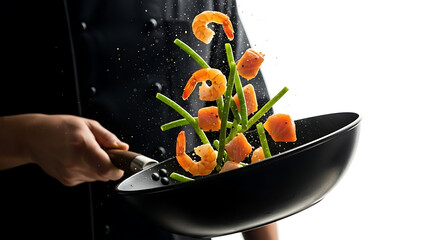 Chef expertly tosses shrimp and vegetables in wok for a delicious meal