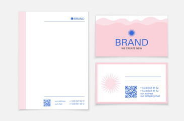 Set of elements to create a corporate identity. Business card and blank layout with pink waves.