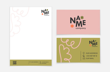 Set of business card and letterhead mockup with a playful logo and bright colors. Template for corporate identity.