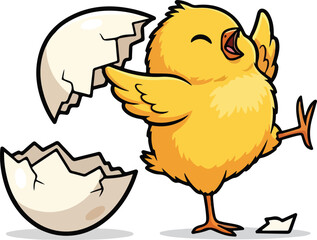 Cute cartoon chick hatching from eggshell. © goesti