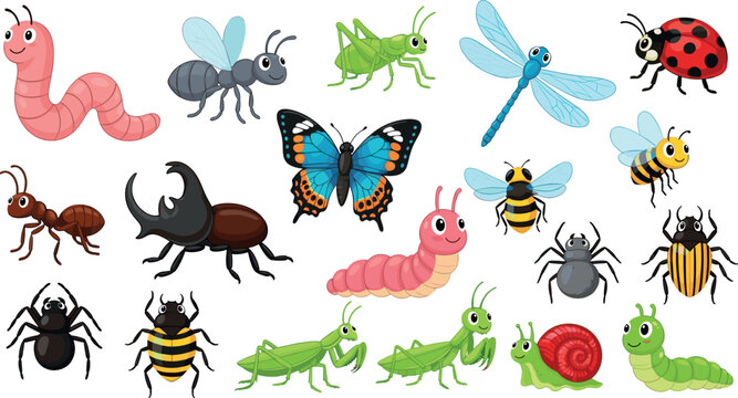 Cute insects and bugs vector set with butterflies, ants, bees, worms and snails in colorful flat cartoon illustration style isolated on white background