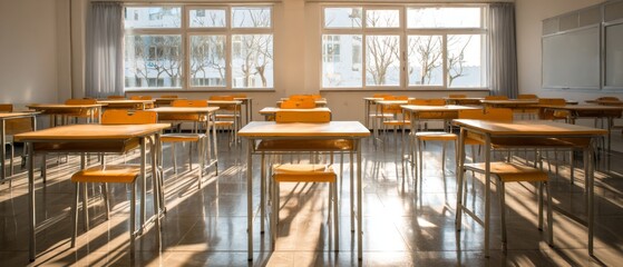 Empty classroom interior with wooden desks chairs and warm sunlight through windows