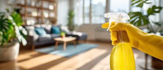 Hand wearing yellow glove holding spray bottle while cleaning bright modern living room