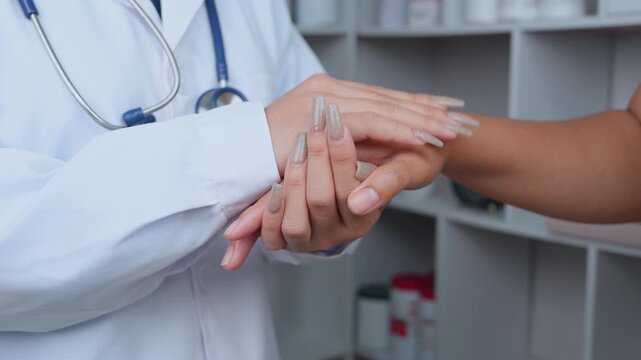 The doctor is advising the patient about health insurance and shaking their hand to comfort them, demonstrating the value of healthcare services.