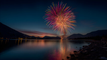 Colorful fireworks illuminating night sky over mountain lake